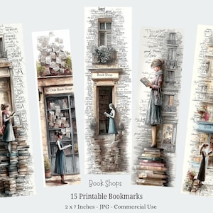 Può includere: Set di 5 segnalibri stampabili con illustrazioni ad acquerello di librerie e persone che leggono. Ogni segnalibro misura 5 x 18 cm. Il testo "Book Shops" e "15 Printable Bookmarks" è incluso.