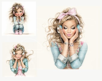Quirky Girl Clip Art, Watercolor Headphones JPGs (Digital Download)