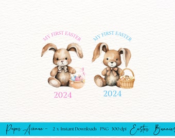 Easter bunny and a basket clipart bundle, Easter clipart, My First Easter, Easter Designs PNG Girl and Boy My First Easter PNG, Easter PNG