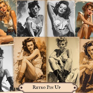 May include: A selection of retro pin-up art prints. The images depict women in various poses, with a vintage aesthetic. The colour palette includes sepia tones, black and white, and vibrant colours. The text "Retro Pin Up" is displayed on a banner at the bottom.