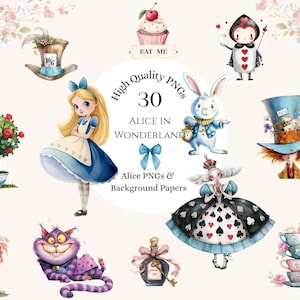 Alice In Wonderland  Clipart, Printable Watercolour clipart 30 High Quality PNGs Digital download Paper craft junk journal Card Making