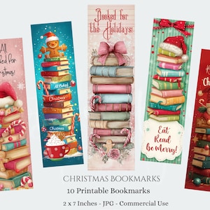 Puede incluir: Conjunto de cinco marcapáginas navideños con libros apilados, gorros de Papá Noel, hombres de jengibre y bastones de caramelo. Cada marcapáginas presenta textos festivos como "All Booked for Christmas!" y "Eat, Read, be Merry!"