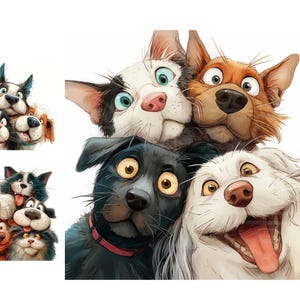 May include: A colorful illustration of a group of cartoon animals, including dogs and a cat, with expressive eyes and open mouths. The animals are stacked together, creating a playful and friendly image.