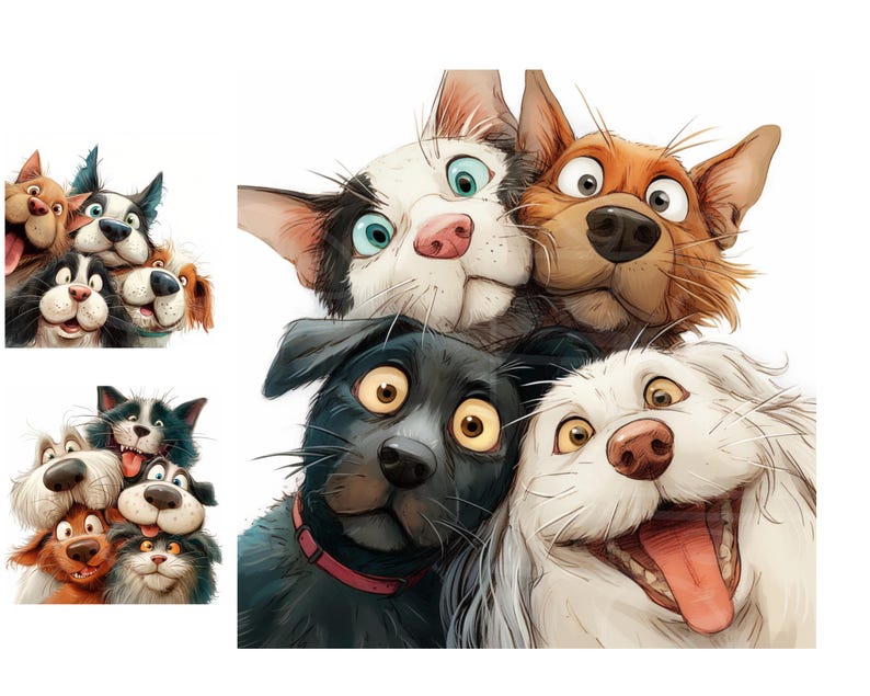 May include: A colorful illustration of a group of cartoon animals, including dogs and a cat, with expressive eyes and open mouths. The animals are stacked together, creating a playful and friendly image.