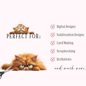 May include: A digital design featuring a cartoon cat peeking over a sign that says "PERFECT FOR:" with a list of uses for the design, including digital designs, sublimation designs, card making, scrapbooking, invitations, and more.