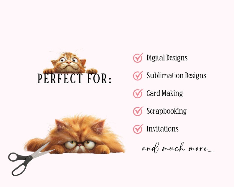 May include: A digital design featuring a cartoon cat peeking over a sign that says "PERFECT FOR:" with a list of uses for the design, including digital designs, sublimation designs, card making, scrapbooking, invitations, and more.