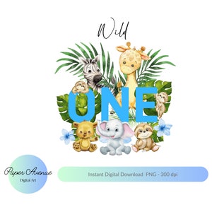 Wild One Safari Cuccioli di animali, PNG di sublimazione degli animali per bambini, ClipArt di Safari, Decorazioni per il compleanno dello zoo, Topper per torta Wild One. PNG della giungla selvaggia