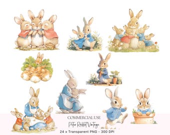 Peter Rabbit Clipart: Beatrix Potter Style, Nursery Decor PNG Digital Download