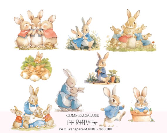 Peter Rabbit Clipart Beatrix Potter Style Clipart Bunny Clipart Peter Rabbit PNG Decoupage Nursery Decor Baby Shower Card Making Paper Craft