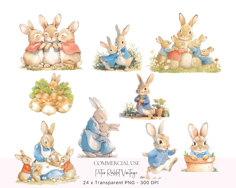 May include: A set of 24 digital illustrations featuring Peter Rabbit characters. The illustrations are in a vintage style and feature various scenes of Peter Rabbit and his friends. The illustrations are perfect for scrapbooking, card making, and other craft projects.