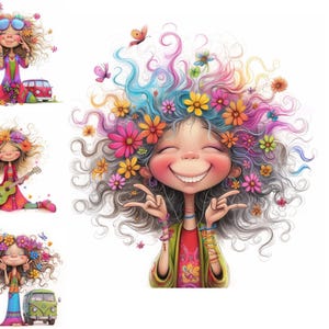 Filles originales Clip Art 15 haute résolution aquarelle JPG, journal indésirable, scrapbooking, fabrication de cartes, téléchargement numérique, dames hippies, clipart hippies