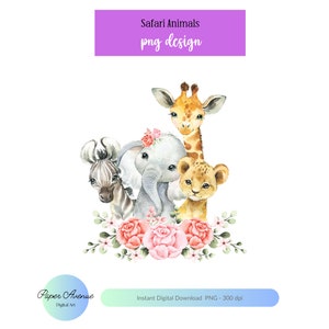Bloemen babysafaridieren, aquarel babydieren, Wild One, Two Wild, verjaardag sublimatieontwerp, jungle, safari, safari blush bloemen