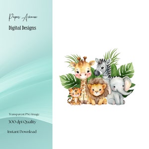 PNG Animais de safári na selva tropical, Sublimação infantil, Convite para chá de bebê Clipart, Decoração de aniversário na selva, Topo de bolo de animais bebês, Vegetação