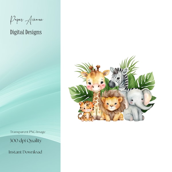 PNG Tropical Jungle Safari Animals, Kids Sublimation, Baby Shower Invite Clipart, Jungle Birthday Decor, Baby Animals Cake Topper, Greenery