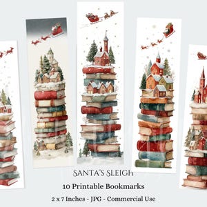 Op de afbeelding: Waterverf bladwijzers met stapels boeken bekroond met besneeuwde dorpen en de slee van de kerstman. De bladwijzers zijn 5 x 18 cm en bevatten de tekst "SANTA'S SLEIGH" en "10 Printable Bookmarks".