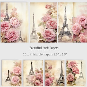 Papeles digitales de París, papel para álbum de recortes con motivos florales de París, diario basura de París, papeles Shabby Chic, páginas imprimibles de París, diario basura Shabby Chic