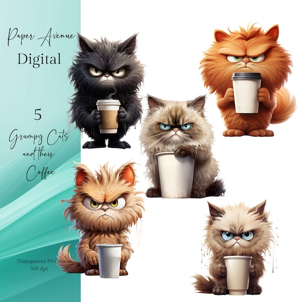 Cats Clipart Bundle, Grumpy cats PNG Cute Cats PNG Grumpy and Coffee, coffee png Grumpy Cats and Coffee clipart, T shirt png Commercial Use