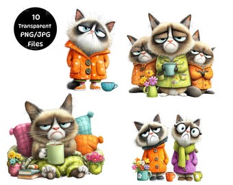 Funny Cat Clipart Bundle 10 PNGs Funny Cat Clip Art Digital Downloads Grumpy Cats Funny Cats T Shirt PNG, Quirky Cats Clipart Junk Journal