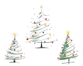 12 lignes art sapin de Noël clipart, clipart minimaliste, aquarelle imprimable, téléchargement numérique PNG/JPG de haute qualité, créations en papier, journal