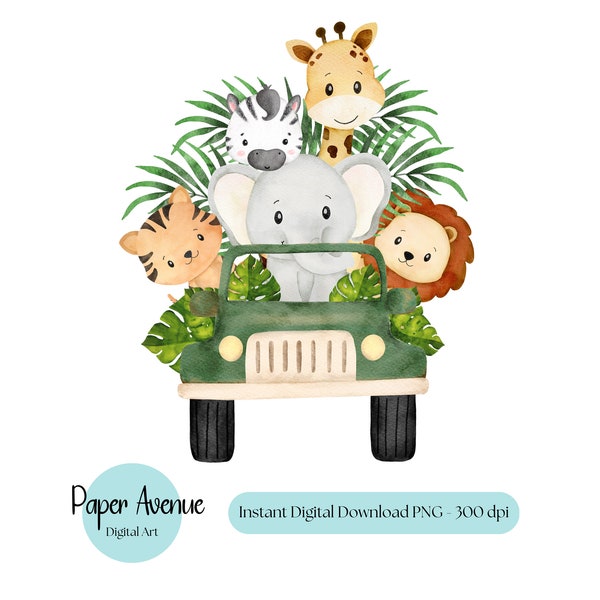 Safari Animals Jeep,Baby Shower, Transferencia de camiseta Safari, animales bebés, diseño de sublimación de la selva, impresiones de acuarela para niños, Clip Art PNG