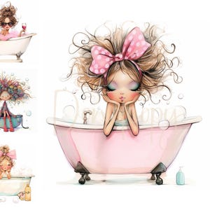 Images clipart filles originales 11 haute résolution JPG aquarelles, journalisation indésirable, scrapbooking, fabrication de cartes, téléchargement numérique, clipart drôle de bain de filles