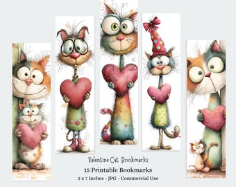 May include: Watercolor illustrations of whimsical cats holding hearts, perfect for Valentine's Day. The image includes the text "Valentine Cat Bookmarks" and "15 Printable Bookmarks". Each bookmark is 2 x 7 inches.