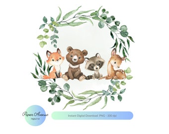 Woodland Animals PNG, Kids Sublimation Designs, Deer Bear Fox PNG, New Baby Design, Birthday Printable, Forest Babies Clipart Sub Design PNG