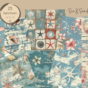 Pages de journal indésirables côtières, papier de scrapbooking numérique sur le thème de la plage, feuille imprimable de collage côtier, éphémères nautiques vintage, impressions océan