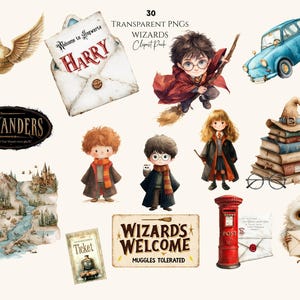 Może przedstawiać: Ilustracje akwarelowe o tematyce czarodziejskiej. Zawiera złoty znicz, kopertę zaadresowaną do Harry'ego, chłopca na miotle, niebieski samochód, stos książek z kapeluszem i inne magiczne przedmioty. Obecny jest również tekst "Wizards Welcome".