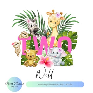 Twee wilde png, safari jungle-sublimatie, 2e verjaardag meisje, safari baby dieren kinderen clipart, peuter t-shirt afdrukken, dierlijke clipart
