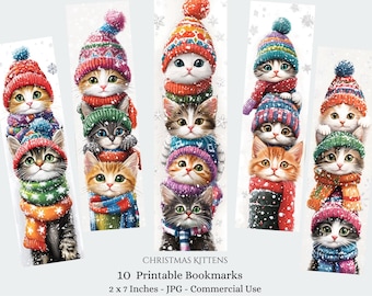 May include: Ten printable bookmarks featuring watercolor illustrations of kittens wearing colorful winter hats and scarves. The kittens are stacked on top of each other. The bookmarks are 2 x 7 inches.