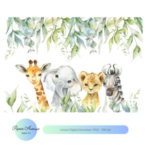 Animais de safári PNG, animais bebês em aquarela, design de sublimação, imagem de cartão de aniversário, download digital instantâneo, camiseta png de elefante png