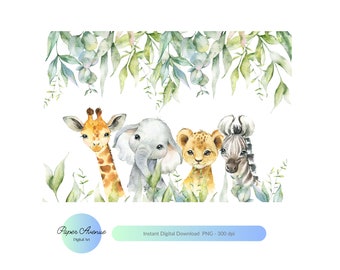 Watercolor Safari Animals PNG, Baby Elephant, Lion (Digital Download)
