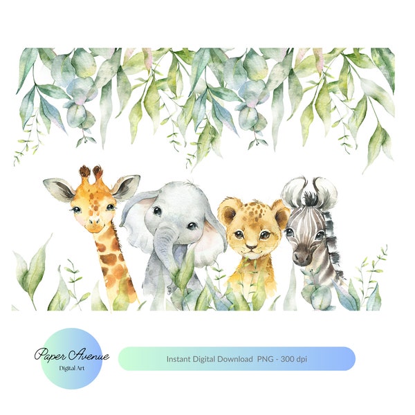 Safari Baby Animals PNG, Kids Animals Sublimation, Safari Animals Border, Zoo Birthday Decorations, Wild One PNG, Cake Topper Animals png