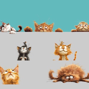 May include: A collection of six cartoon cats looking up with various expressions. The cats are in different poses and have different fur colors and patterns. Some of the cats have mice on their heads.