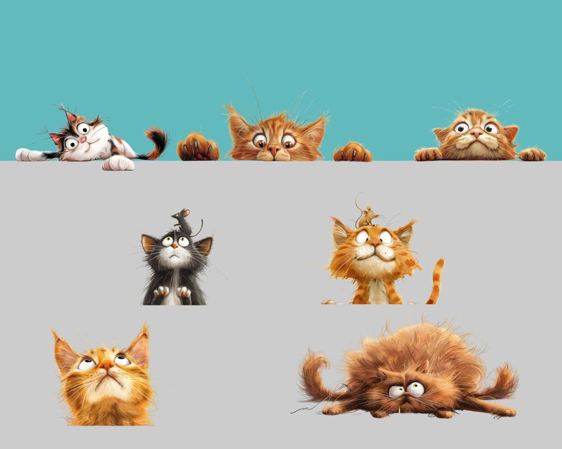 May include: A collection of six cartoon cats looking up with various expressions. The cats are in different poses and have different fur colors and patterns. Some of the cats have mice on their heads.