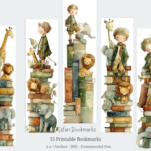 Può includere: Illustrazioni ad acquerello di segnalibri a tema safari. Ogni segnalibro presenta un bambino in abbigliamento safari in cima a una pila di libri, accompagnato da animali come leoni, giraffe ed elefanti. I segnalibri misurano 5 x 18 cm.