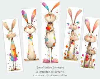 Valentine Bunnies Printable Bookmarks, 15 Bookmarks, Fussy Cuts, Digital Download Rabbit Bookmarks