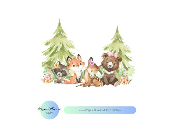 Woodland Animals PNG Girls Cute Woodland Animals PNG Cute Woodland Animals flowers Digital Download