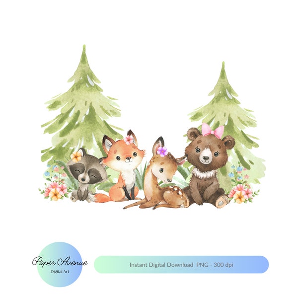 Woodland Animals PNG Girls Cute Woodland Animals PNG Cute Woodland Animals flowers Sublimation design Forest Animals PNG Cute Animals png