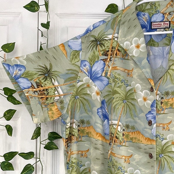 Jamaica Bay Womens Hawaiian Shirt Button up Short Sleeve With Collar Green Tropical Hibiscus Floral 100% Rayon Size 2X