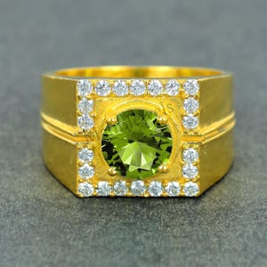 14K Solid Yellow Gold Peridot Ring, August Birthstone Ring, Natural Peridot Men&#39;s Ring, Solitaire Gold Ring, Vintage Gift for Him or Husband