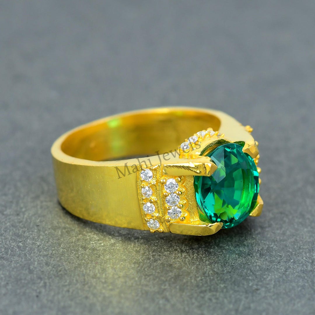 Men’s Gold Plated Ring With Green Center Stone and Diamond Look Sides ...
