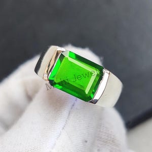Handmade Emerald Men&#39;s Ring, 925 Sterling Silver Wedding Ring, Statement Jewelry Gift, Green Gemstone Engagement Ring, Gift for Him, Husband