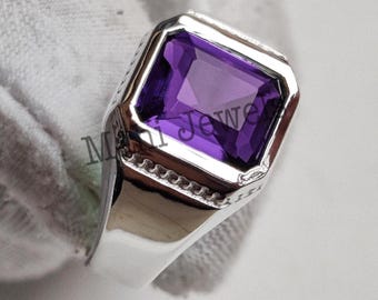 Handgefertigter Art Deco Amethyst Sterling Silber Herrenring