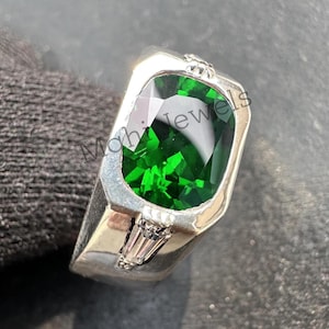 Green Emerald Gemstone Ring, Solid 925 Sterling Silver Emerald Ring for Men&#39;s, Men&#39;s Engagement Anniversary Wedding Gift Ring, Signet Ring