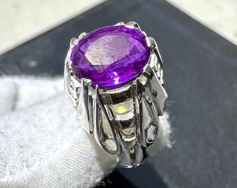 Handgemachter Art Deco Amethyst Ring, 925 Sterling Silber, Februar Geburtsstein