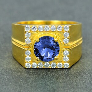 14K Solid Yellow Gold Sapphire Ring, September Birthstone Ring, Blue Sapphire Men&#39;s Ring, Solitaire Gold Ring, Vintage Style Gift for Him