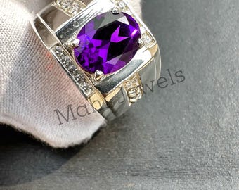Art Deco Amethyst Herrenring | Handmade Sterling Silber Statement Schmuck