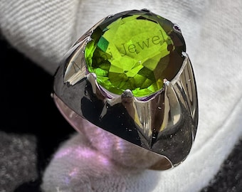 Handmade Peridot Ring for Men in 925 Sterling Silver Ring | August Birthstone Jewelry | Green Gemstone Ring | Gift for Him | Husband Ring